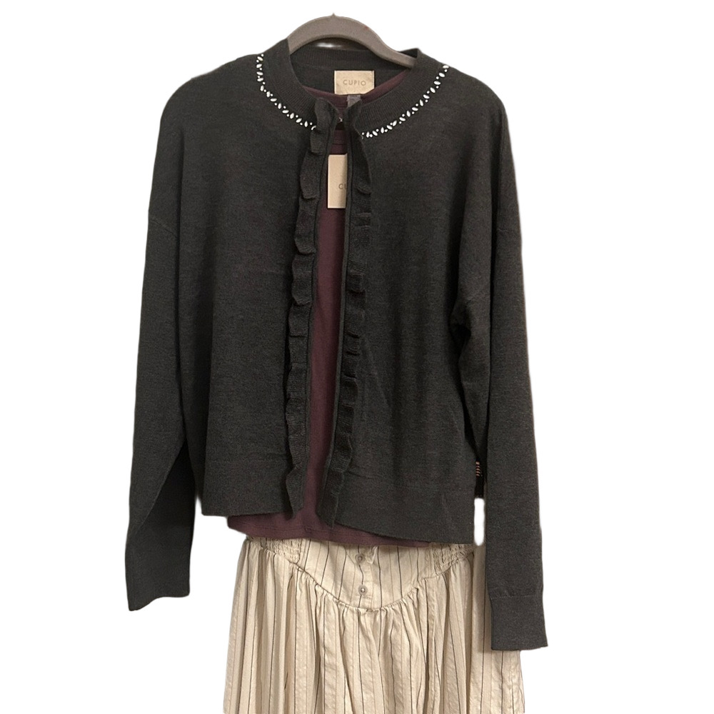 Gray Sweater with Embellished Collar Ruffle Open Front Top Closure Cupio Size L